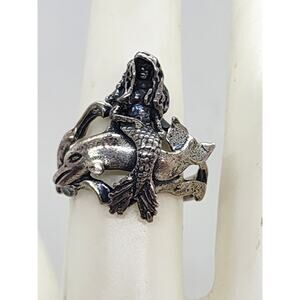 Vintage Sterling Silver Mermaid Riding Dolphin Ring Ted Ott navajo Native Sz 7.5